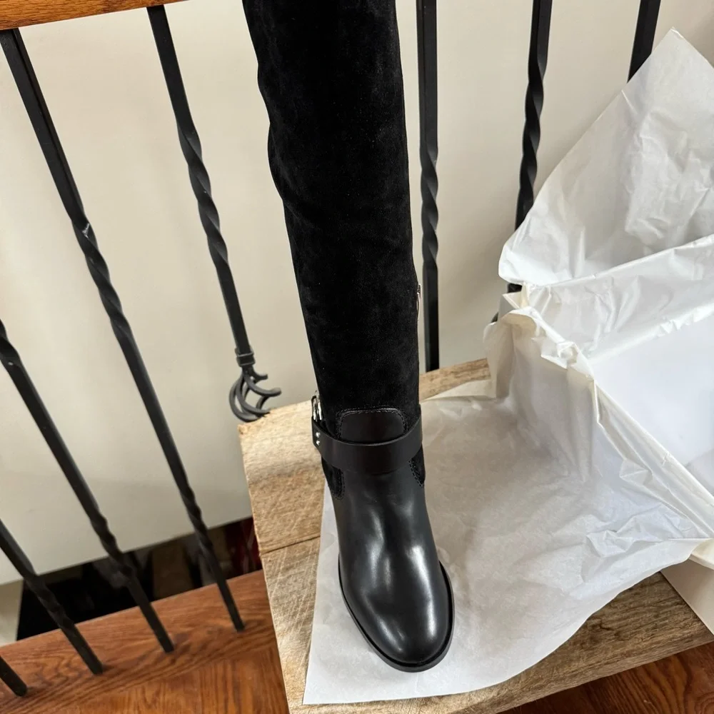 Black Knee-High Leather & Suede Riding Boots